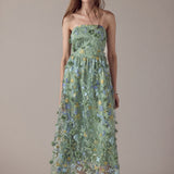 Strapless 3D Floral Embroidered Maxi Dress