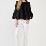 Lace with Poplin Bell Sleeve Blouse