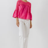 Lace with Poplin Bell Sleeve Blouse