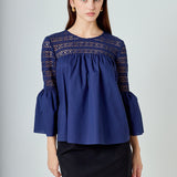 Lace with Poplin Bell Sleeve Blouse