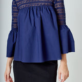 Lace with Poplin Bell Sleeve Blouse