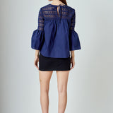 Lace with Poplin Bell Sleeve Blouse