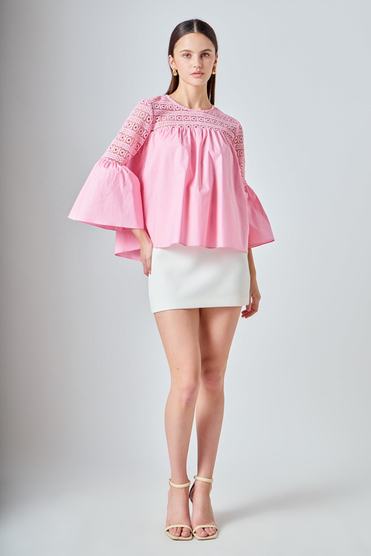 Lace with Poplin Bell Sleeve Blouse