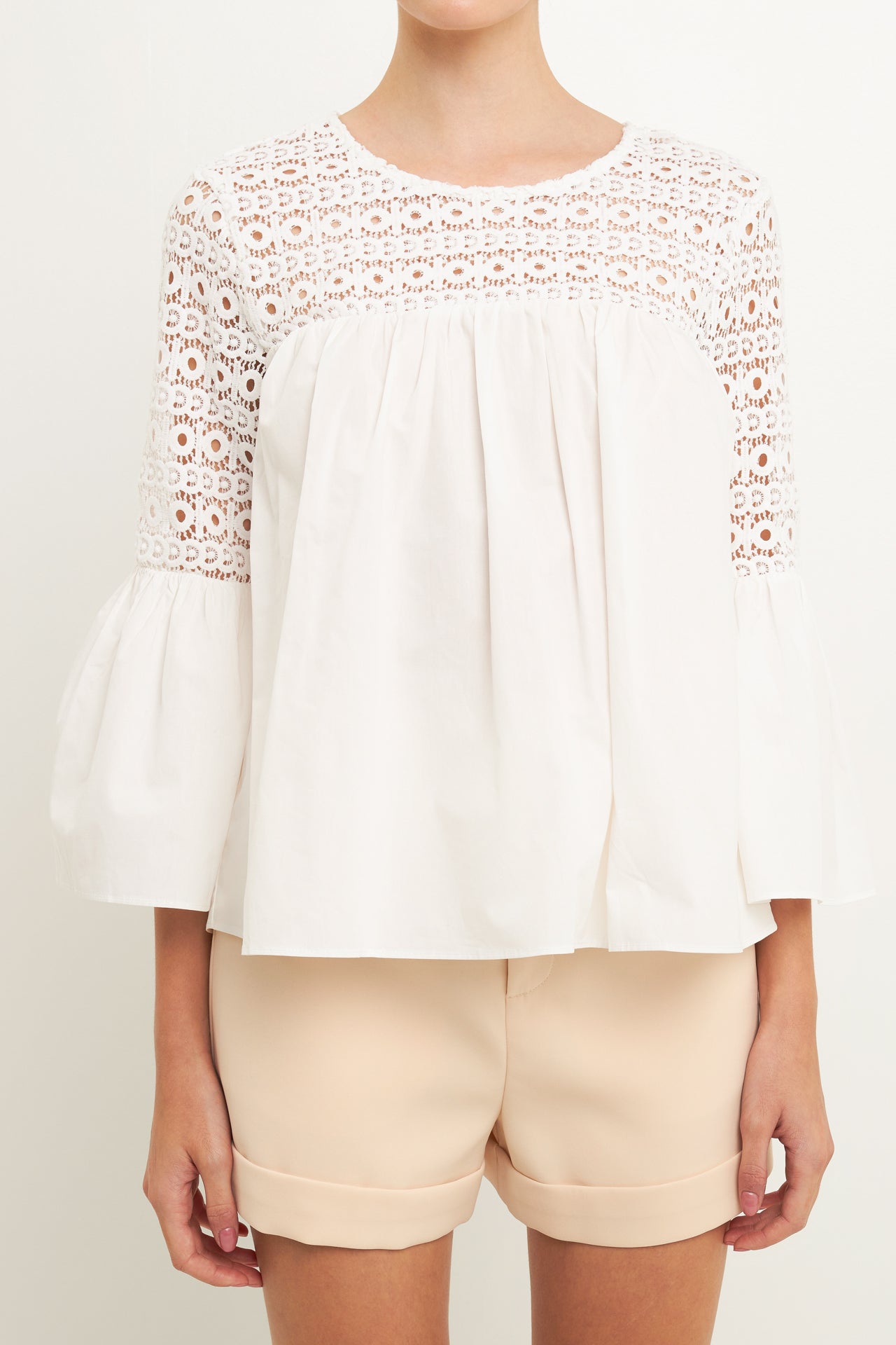 Endless Rose - Lace with Poplin Bell Sleeve Blouse - Shirts & blouses in Women's Clothing available at endlessrose.com