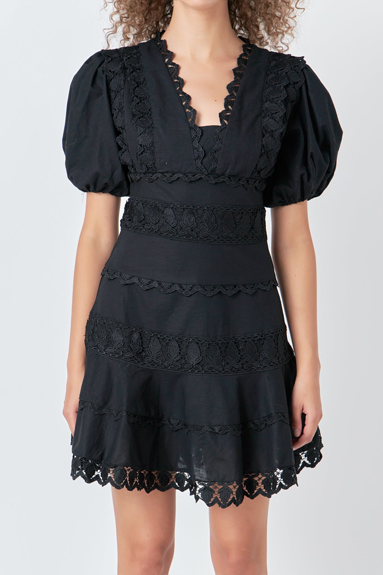 Endless Rose - Plunging Lace Trim Dress with Puff Sleeve Black / S Endless Rose - Plunging Lace Trim Dress with Puff Sleeve Black / S