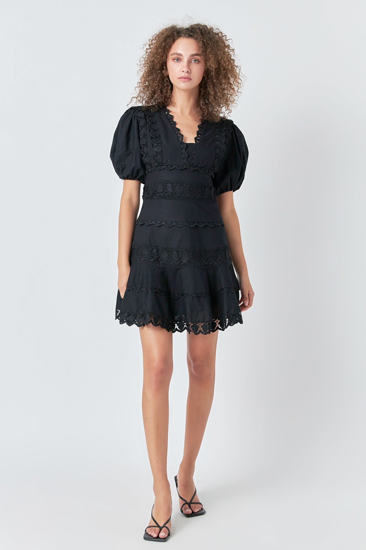 Endless Rose - Plunging Lace Trim Dress with Puff Sleeve Black / S Endless Rose - Plunging Lace Trim Dress with Puff Sleeve Black / S