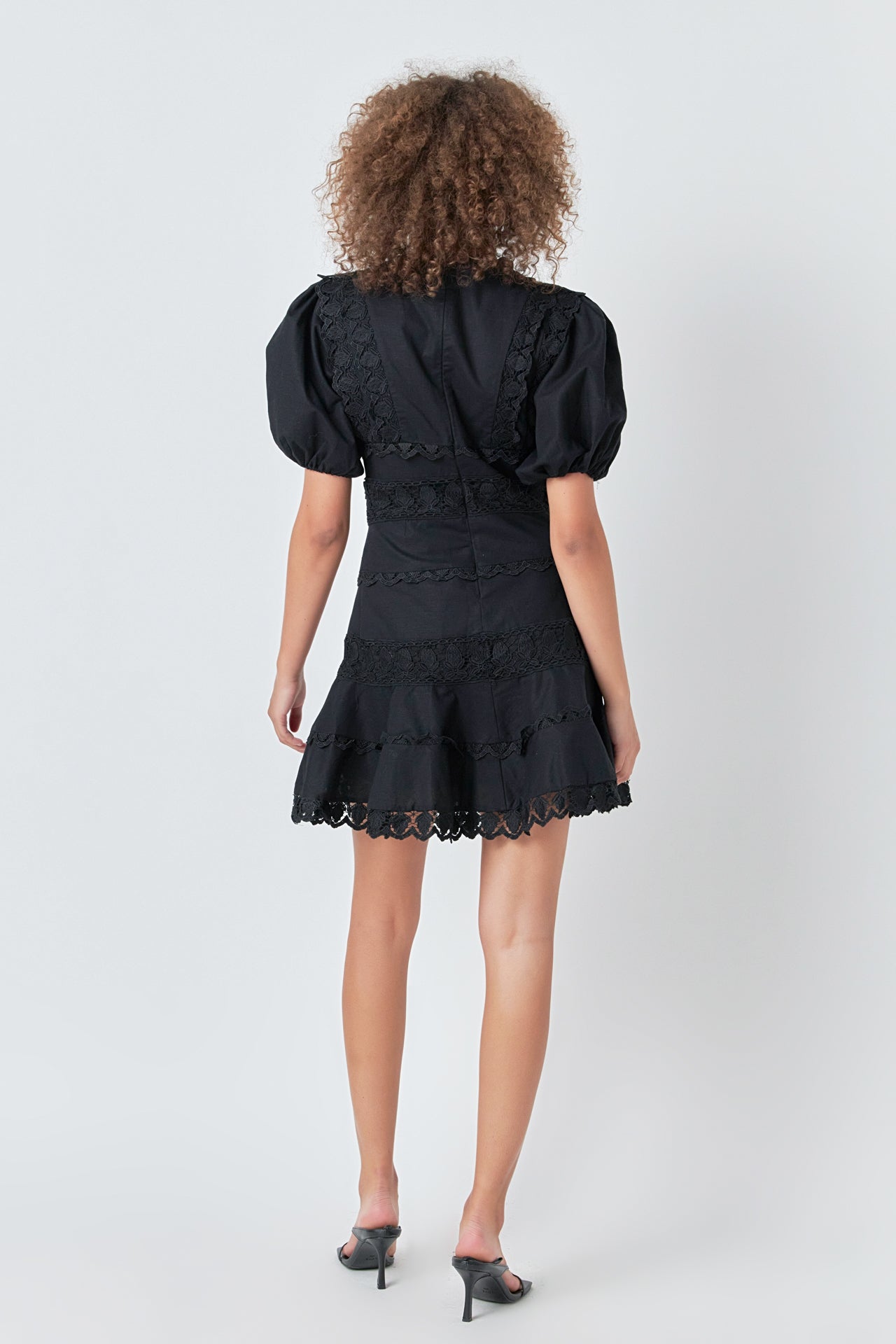 Endless Rose - Plunging Lace Trim Dress with Puff Sleeve Black / S Endless Rose - Plunging Lace Trim Dress with Puff Sleeve Black / S