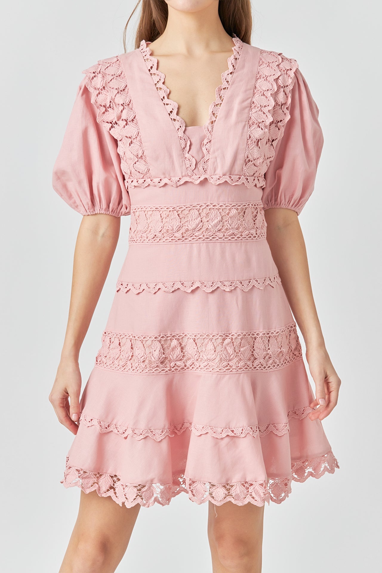 Endless Rose - Plunging Lace Trim Dress with Puff Sleeve Black / S Endless Rose - Plunging Lace Trim Dress with Puff Sleeve Black / S