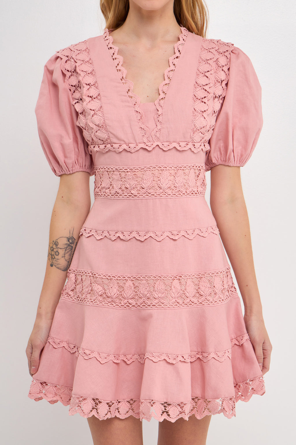 Puff Sleeve Plunging Lace Dress