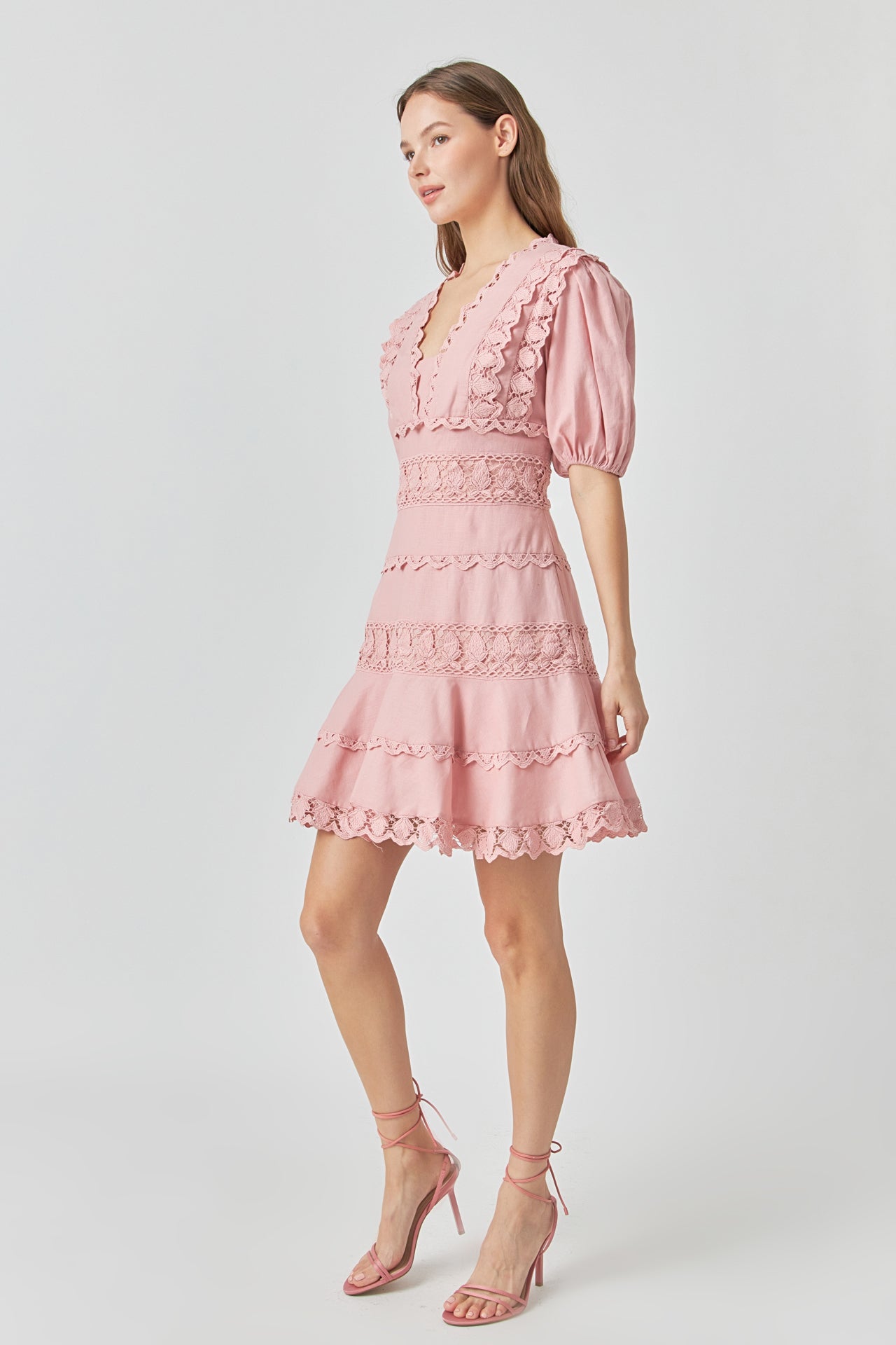 Endless Rose - Plunging Lace Trim Dress with Puff Sleeve Black / S Endless Rose - Plunging Lace Trim Dress with Puff Sleeve Black / S