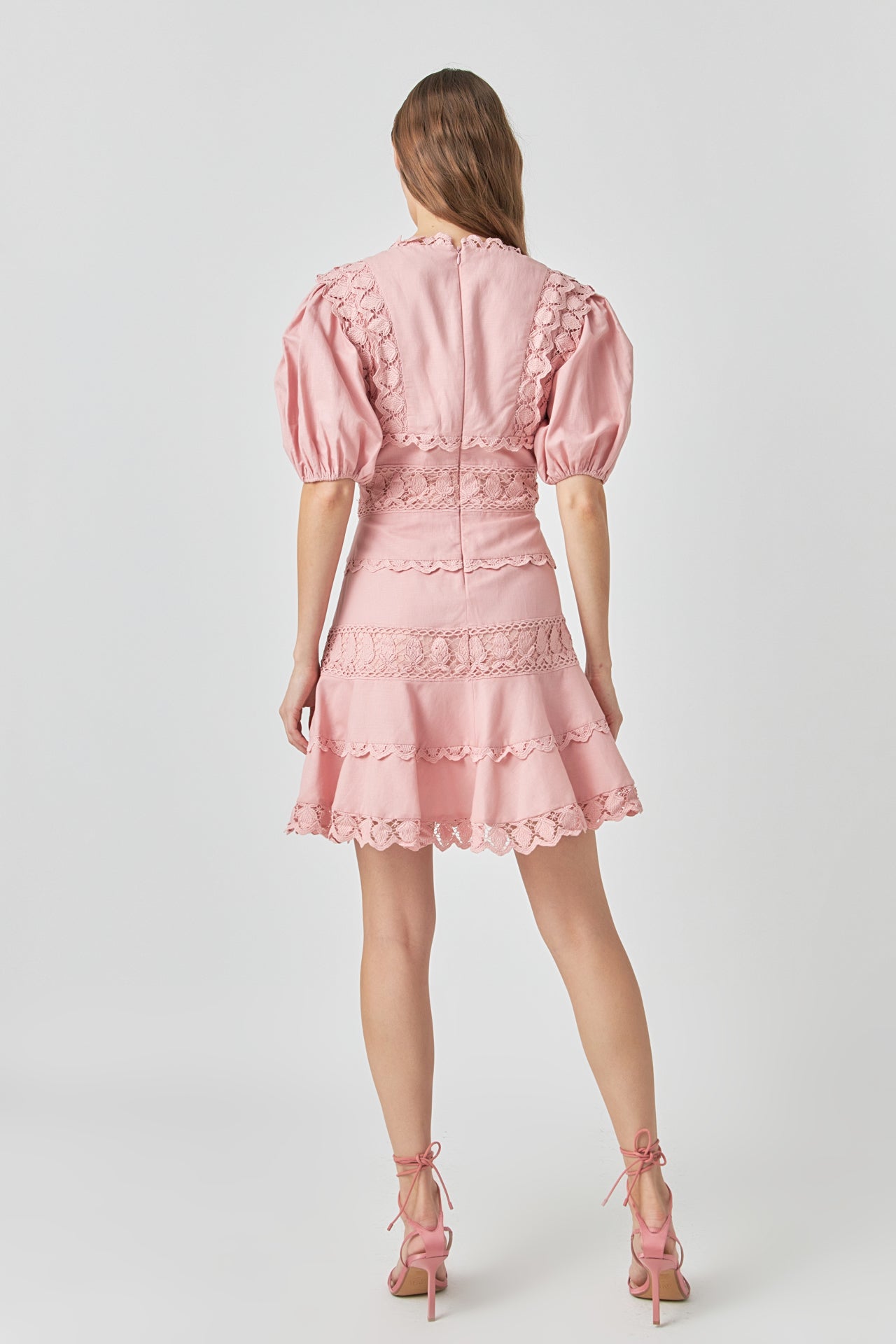 Plunging Lace Trim Dress with Puff Sleeve – Endless Rose