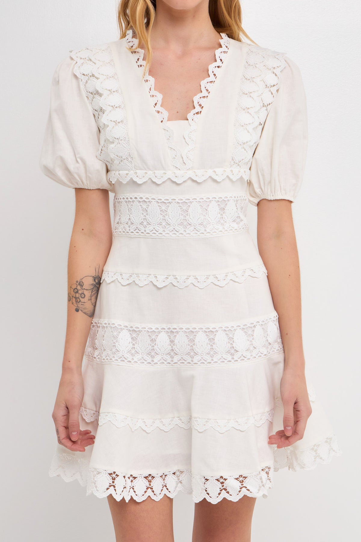 Puff Sleeve Plunging Lace Dress