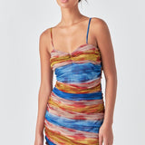 Striped Mesh Mini Dress with Ruched Detail