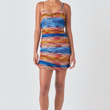 Striped Mesh Mini Dress with Ruched Detail