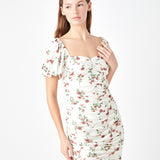 Floral Mesh Ruched Mini Dress with Short Sleeves