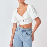 Knotted Top with Short Puff Sleeves