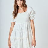 Linen Smocked Mini Dress with Lace