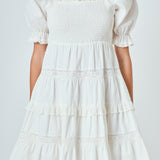 Linen Smocked Mini Dress with Lace