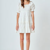 Linen Smocked Mini Dress with Lace