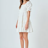 Linen Smocked Mini Dress with Lace