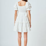 Linen Smocked Mini Dress with Lace