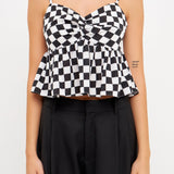 GREY LAB-Knotted Checker Print Top-TOPS available at Objectrare