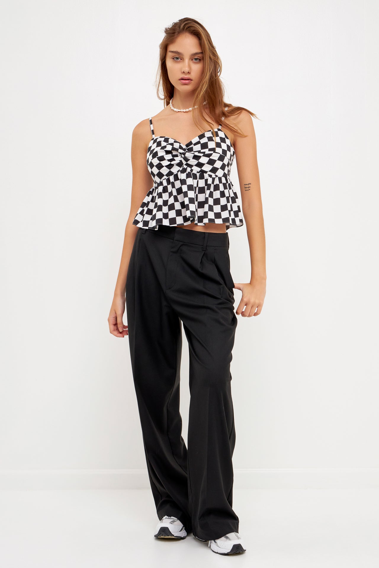 GREY LAB-Knotted Checker Print Top-TOPS available at Objectrare
