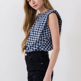 Gingham Print Shoulder Pad T-Shirt