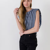 Gingham Print Shoulder Pad T-Shirt