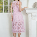 Rhinestone Bow Detailed Lace Sleeveless Midi Dress