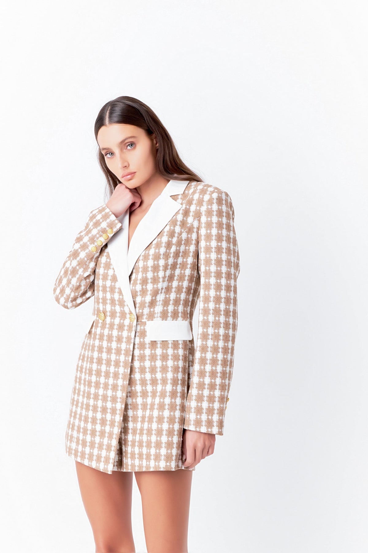 ENDLESS ROSE-Premium Houndstooth Blazer Romper-ROMPERS available at Objectrare