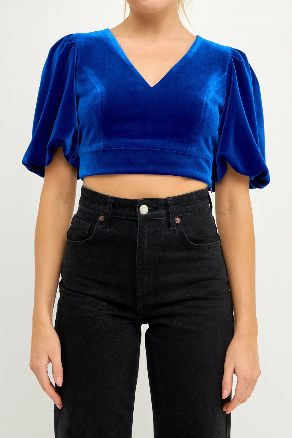 Cropped Velvet Puff Sleeve Top