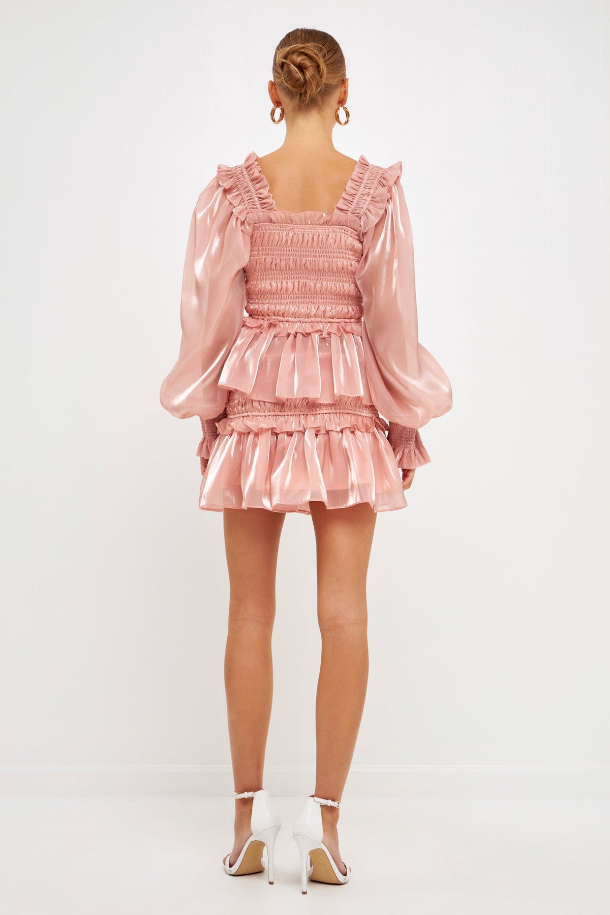 ENDLESS ROSE-Sheen Smocked Long Sleeve Mini Dress-DRESSES available at Objectrare
