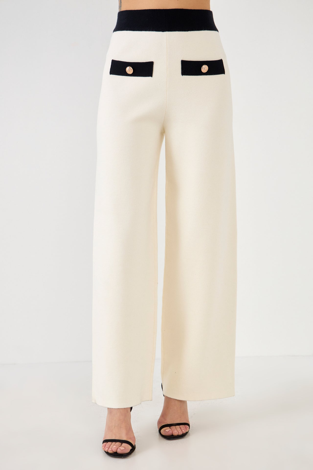 ENDLESS ROSE - Contrast Band Knit Pants with Gold Buttons - PANTS available at Objectrare