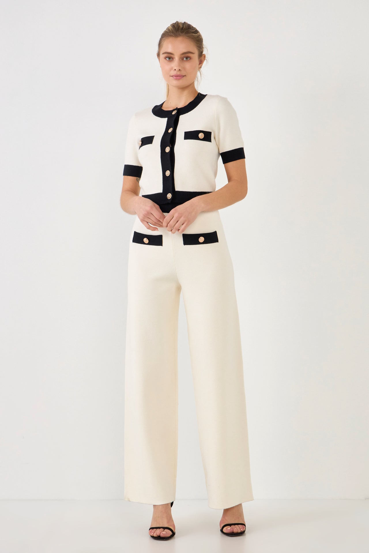 ENDLESS ROSE - Contrast Band Knit Pants with Gold Buttons - PANTS available at Objectrare