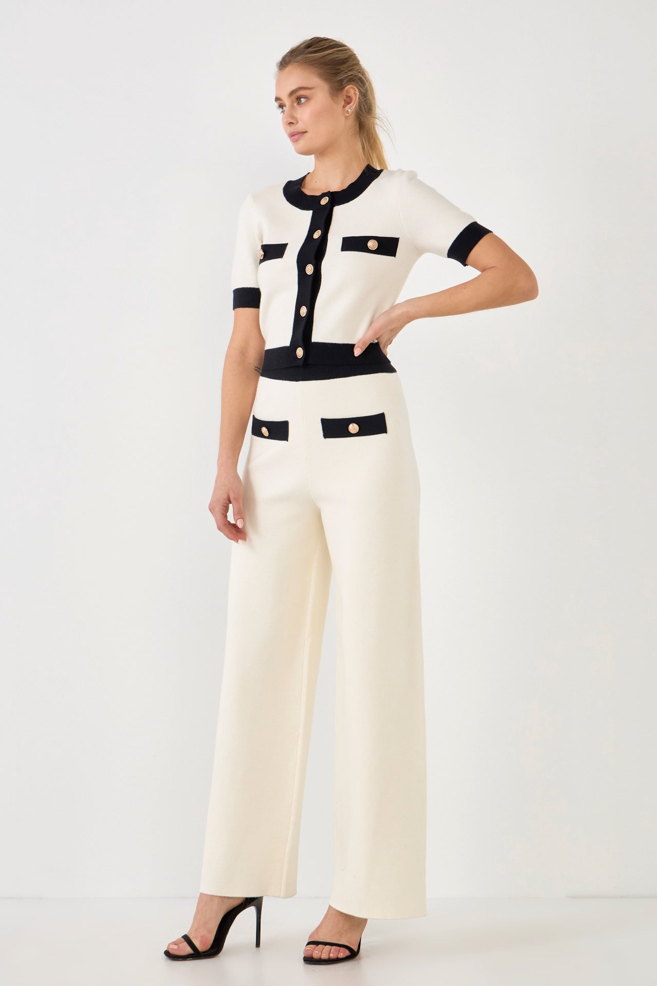 ENDLESS ROSE - Contrast Band Knit Pants with Gold Buttons - PANTS available at Objectrare