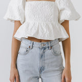 Square Neck Puff Sleeve Jacquard Top