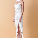Ruched Asymmetrical Satin Slip Maxi
