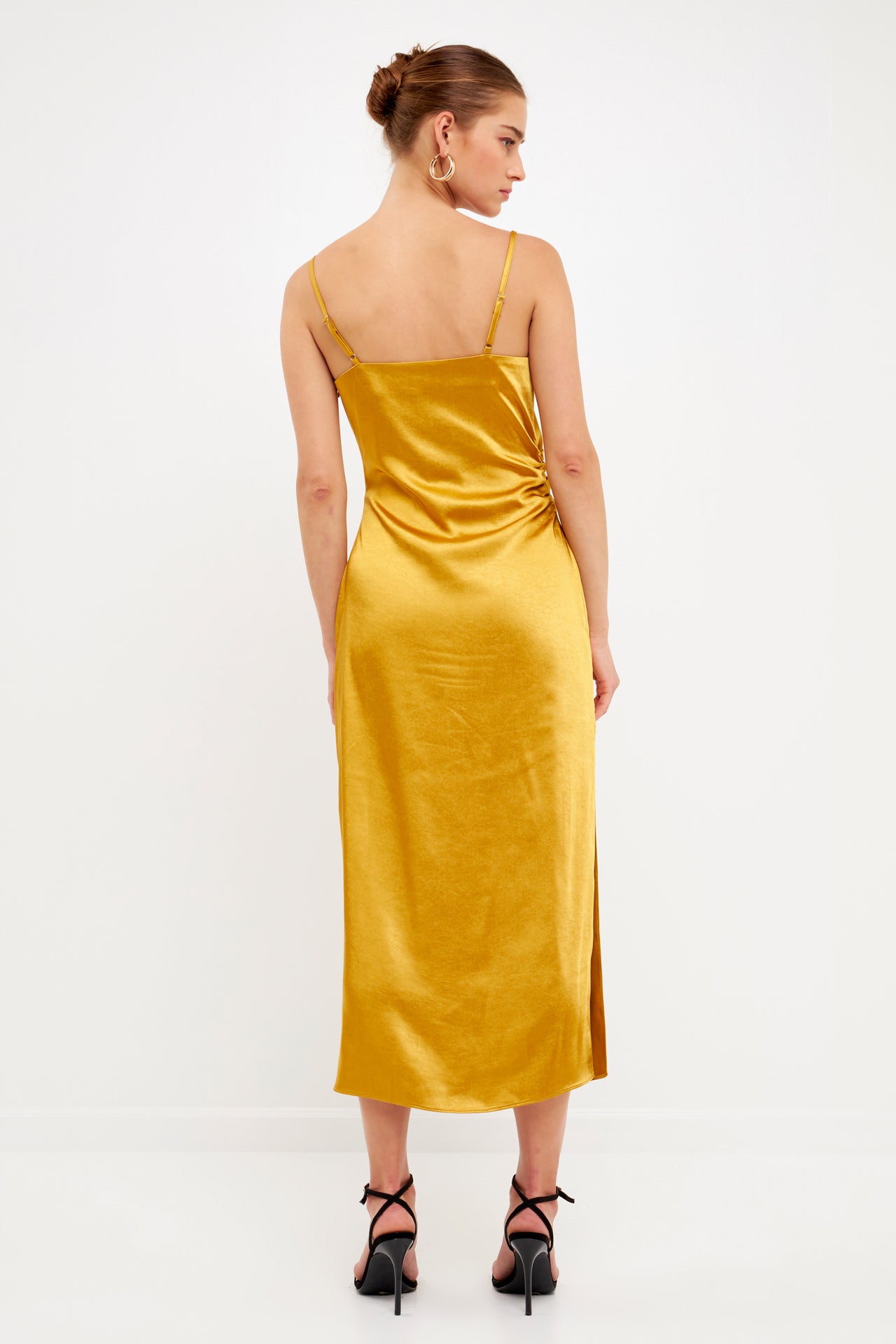 Yellow Midi Dress - Satin Cowl Neck Dress - Cream Adjustable