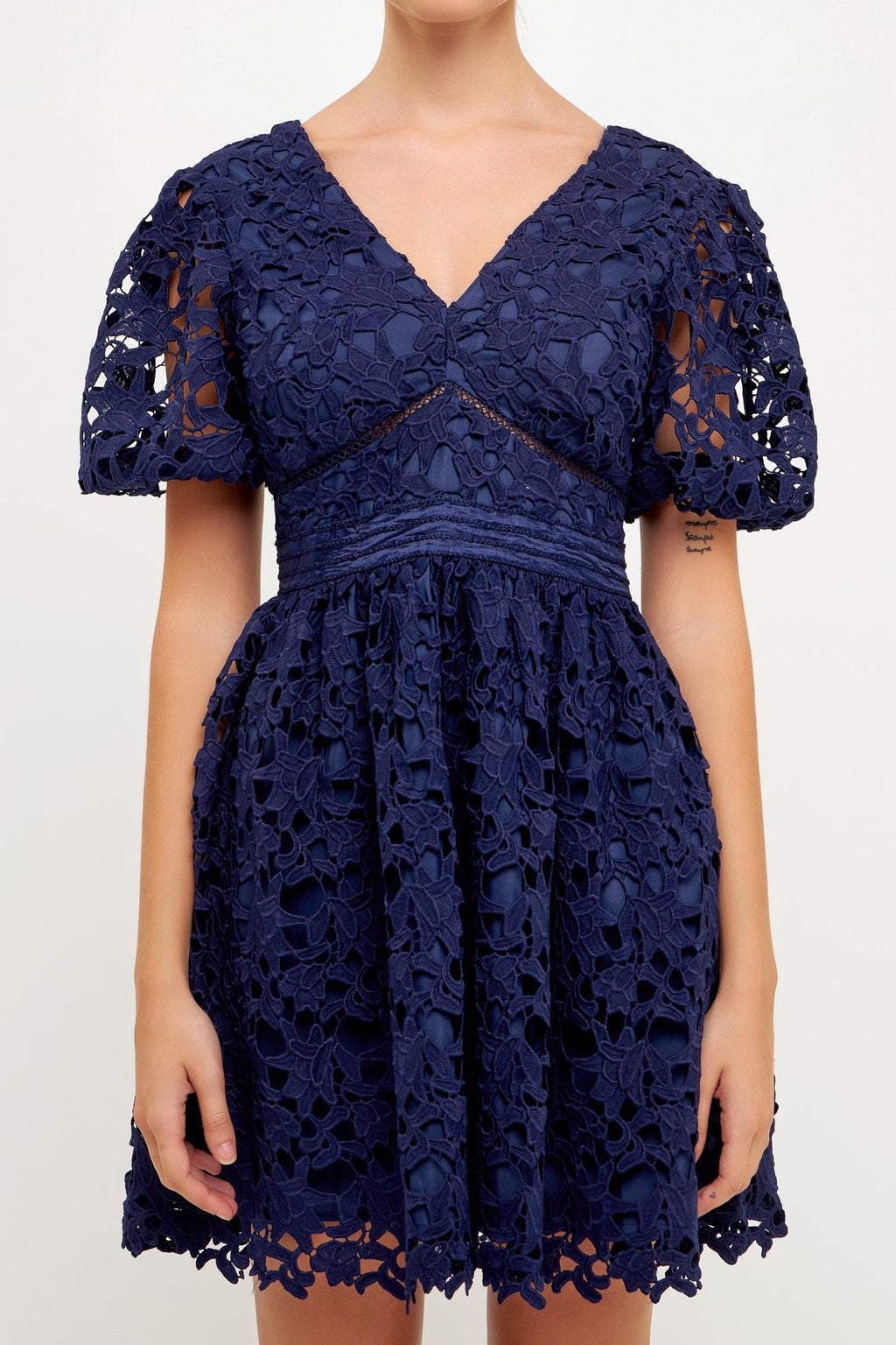 Crochet Lace Puff Sleeve Mini Dress