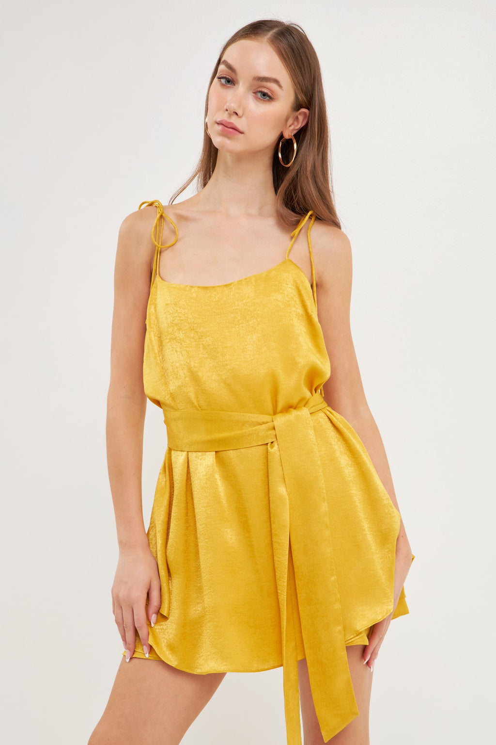 Spaghetti Tie Belted Romper Dress