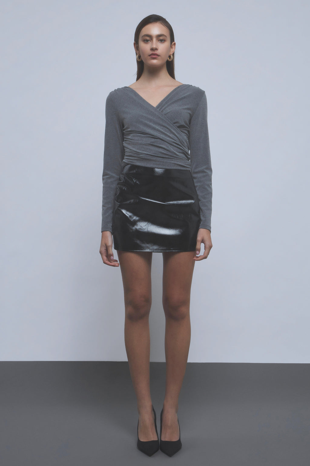 Patent Side Ruched Leather Skirt