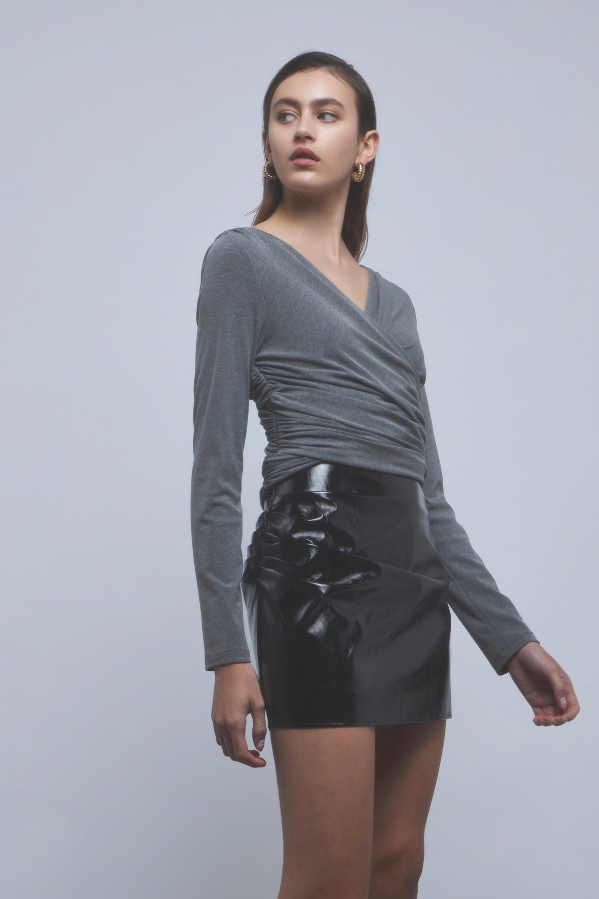 Patent Side Ruched Leather Skirt