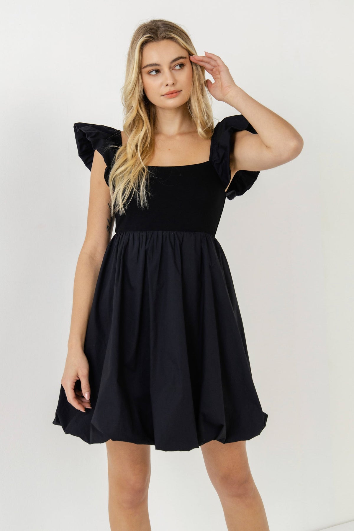Mix Media Balloon Detail Mini Dress