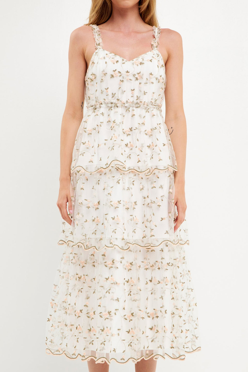 Floral Embroidery Scalloped Hem Tiered Dress
