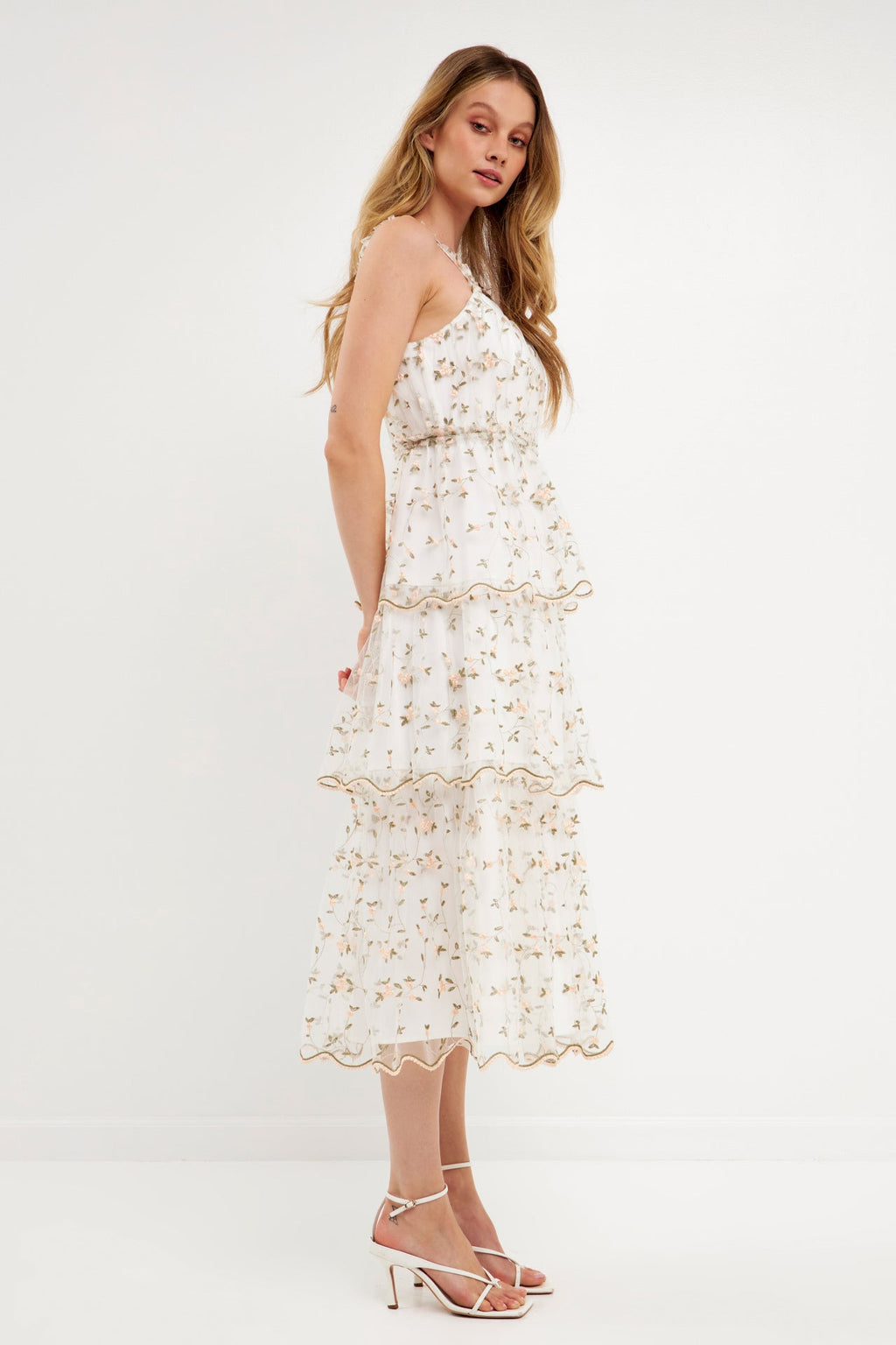 Floral Embroidery Scalloped Hem Tiered Dress