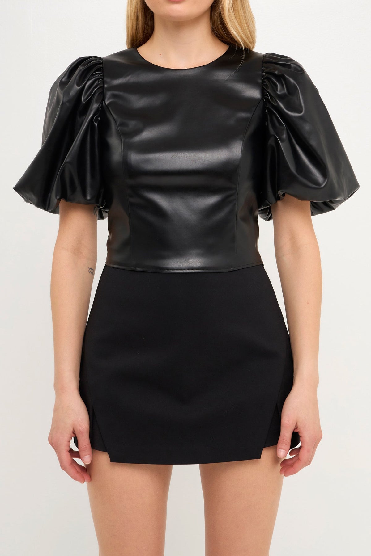 PU Leather Puff Sleeve Cropped Top