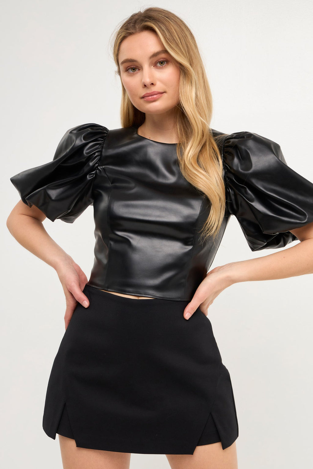PU Leather Puff Sleeve Cropped Top