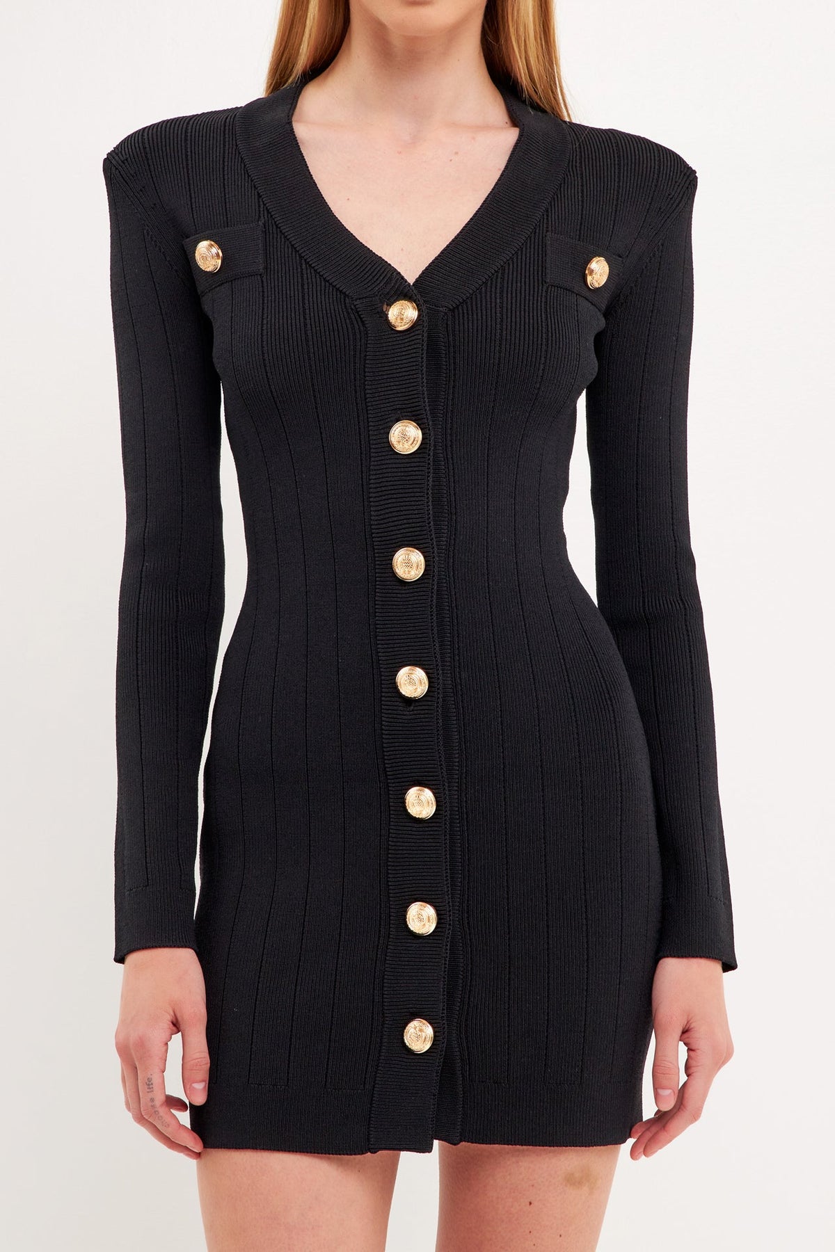 ENDLESS ROSE-Shank Button V-Neckline Knit Mini Dress-DRESSES available at Objectrare