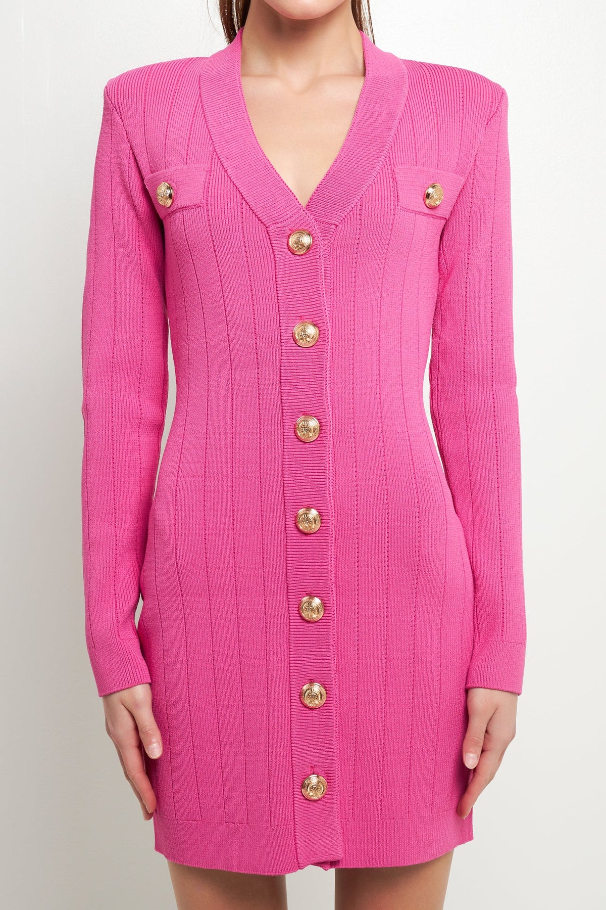 Shank Button V-Neckline Knit Mini Dress